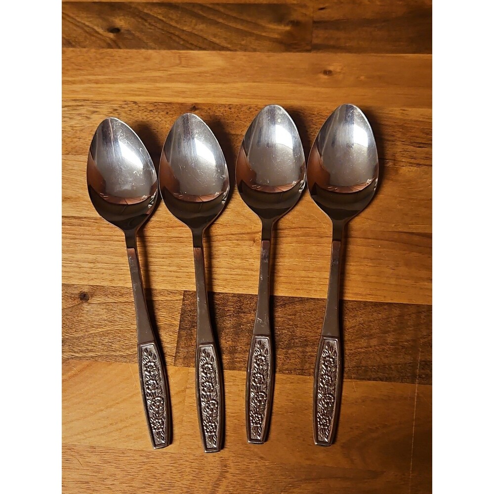 Lot Of 4 Vintage CustomCraft Stainless Steel Spoons CUS10 Rose Design Tablespoon